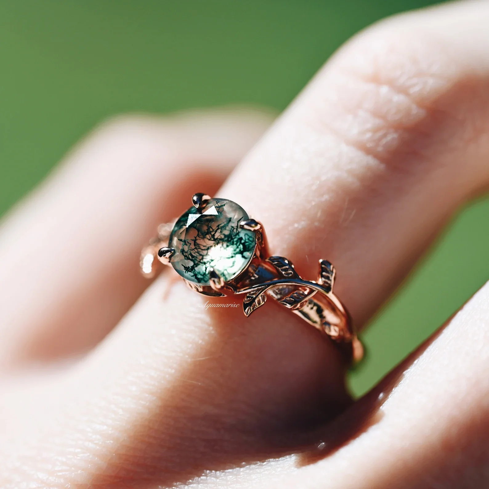 Moss Agate Leaf Ring in 14K Rose Gold Vermeil - Image 3