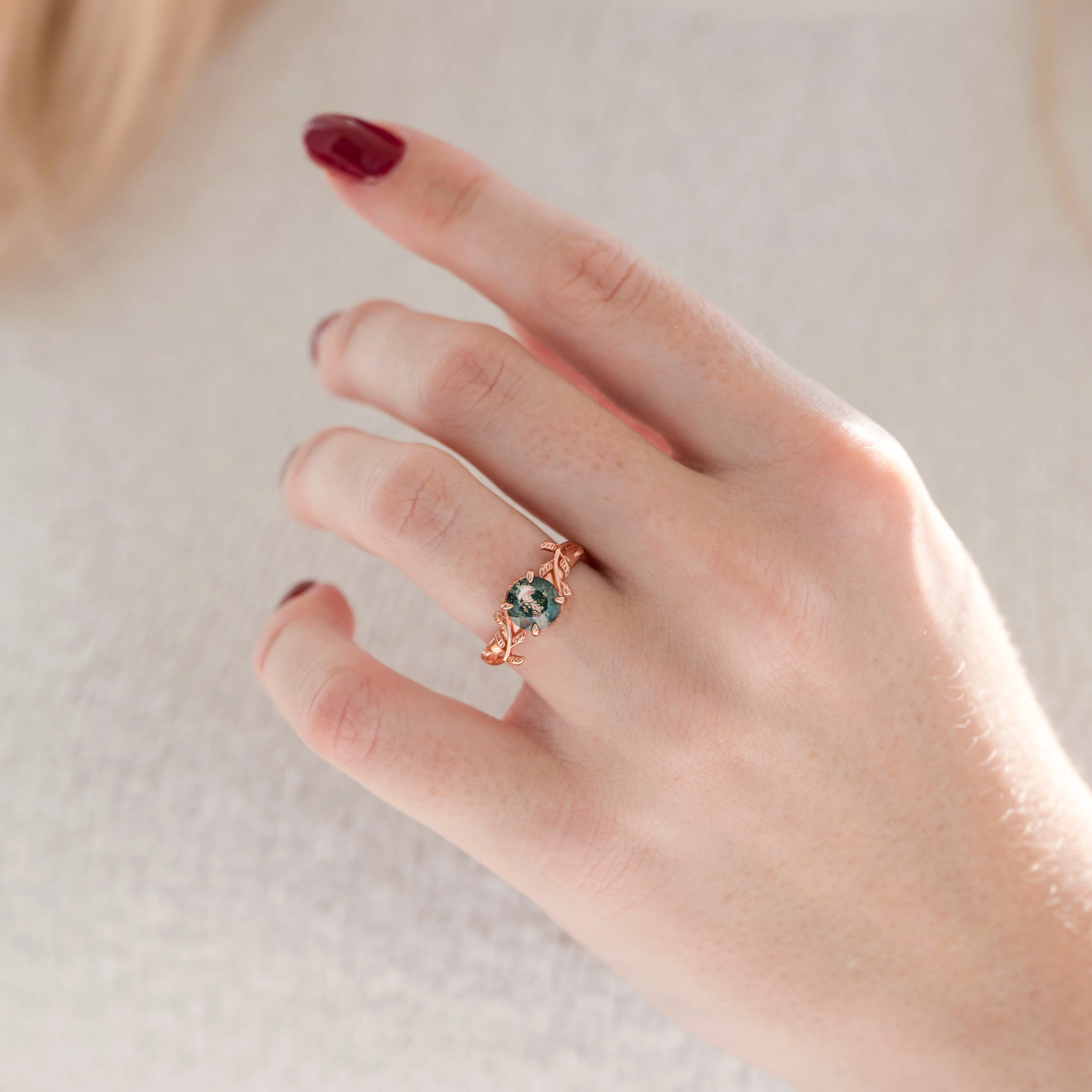 Moss Agate Leaf Ring in 14K Rose Gold Vermeil - Image 5