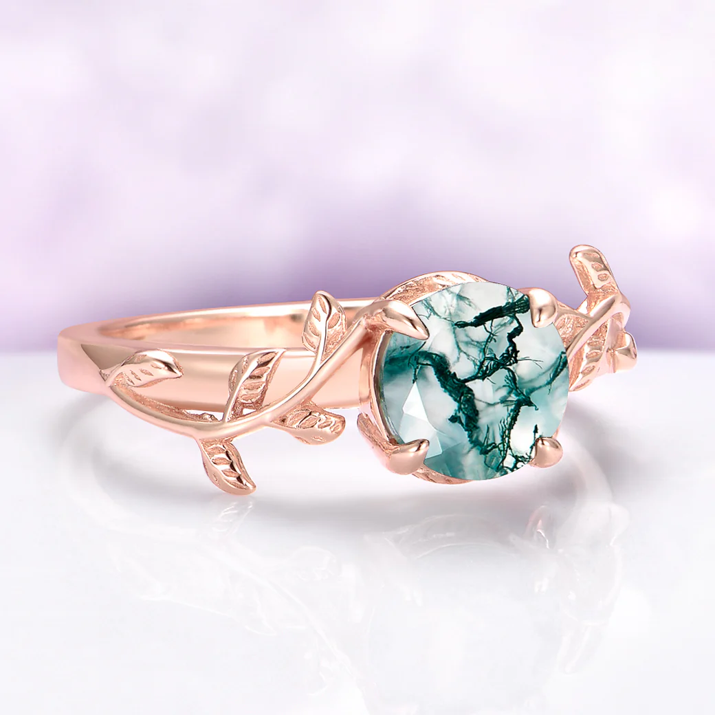 Moss Agate Leaf Ring in 14K Rose Gold Vermeil - Image 6