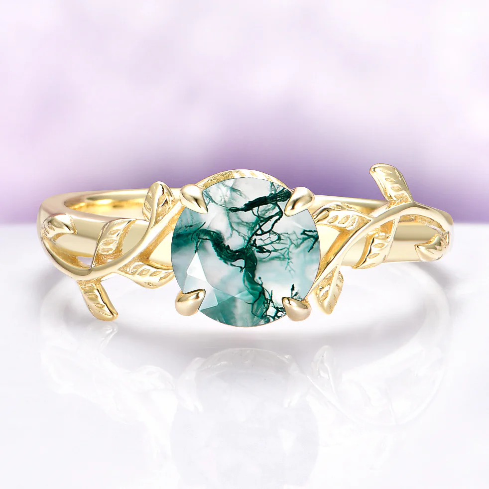 Moss Agate Leaf Ring in 14K Yellow Gold Vermeil