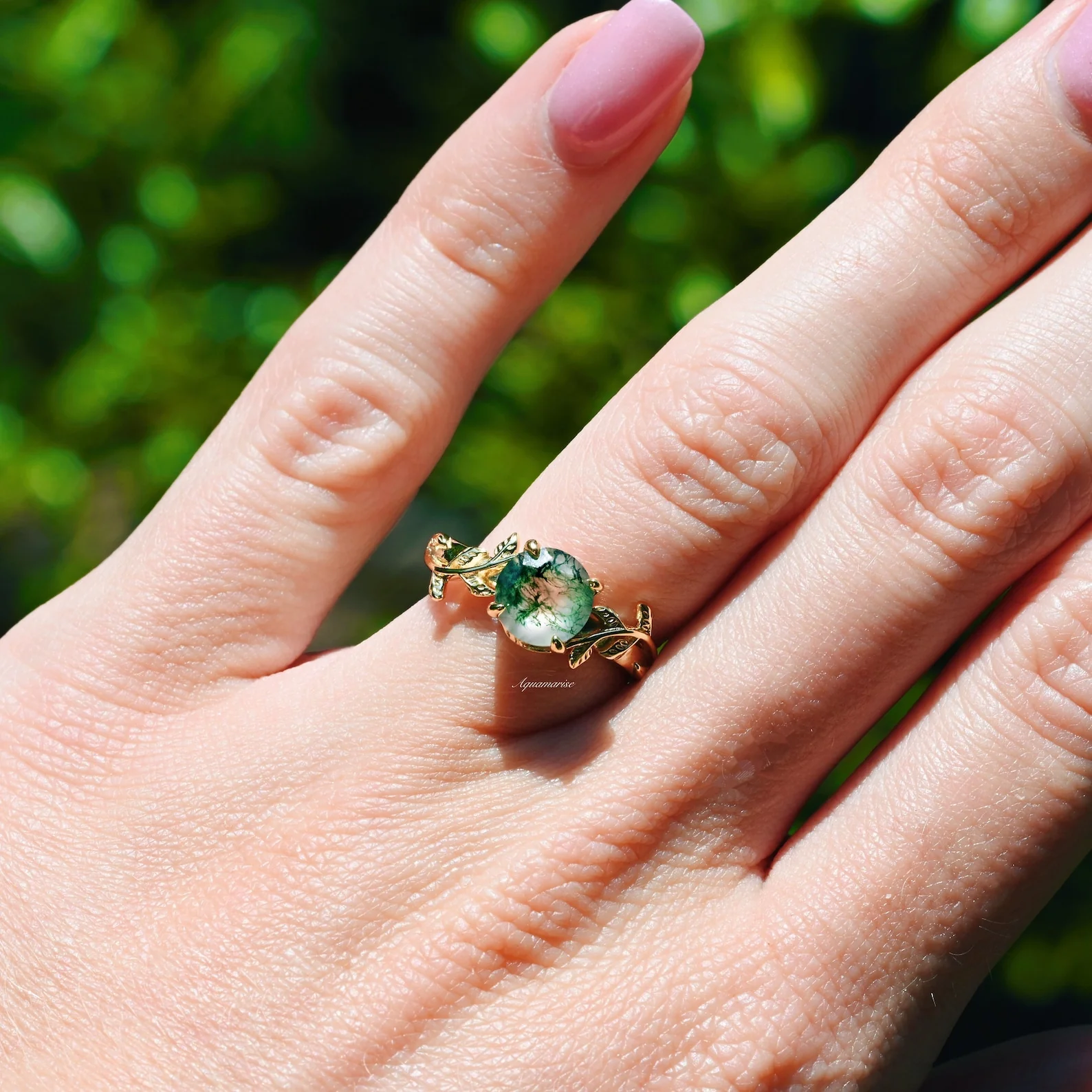 Moss Agate Leaf Ring in 14K Yellow Gold Vermeil - Image 3
