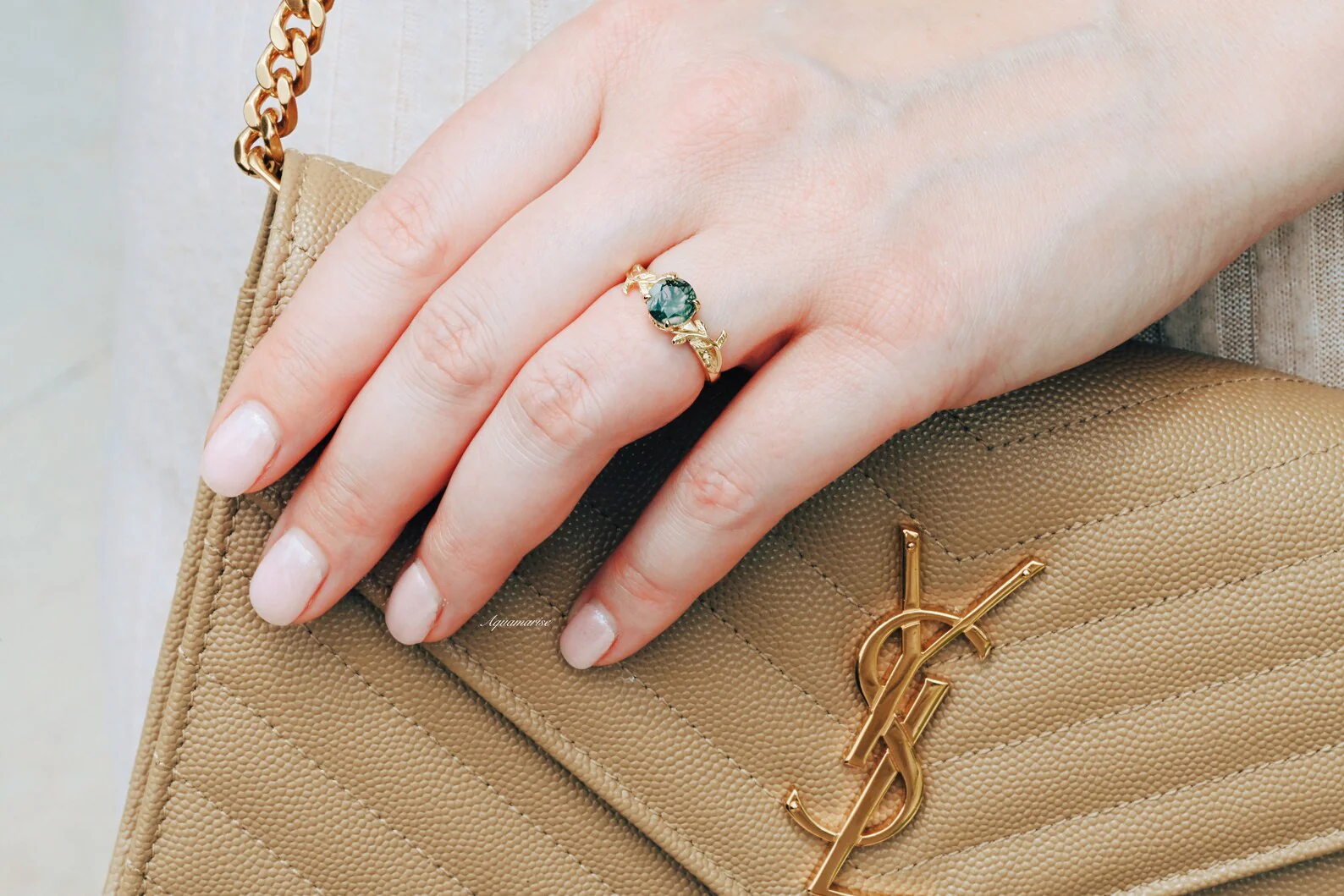 Moss Agate Leaf Ring in 14K Yellow Gold Vermeil - Image 5