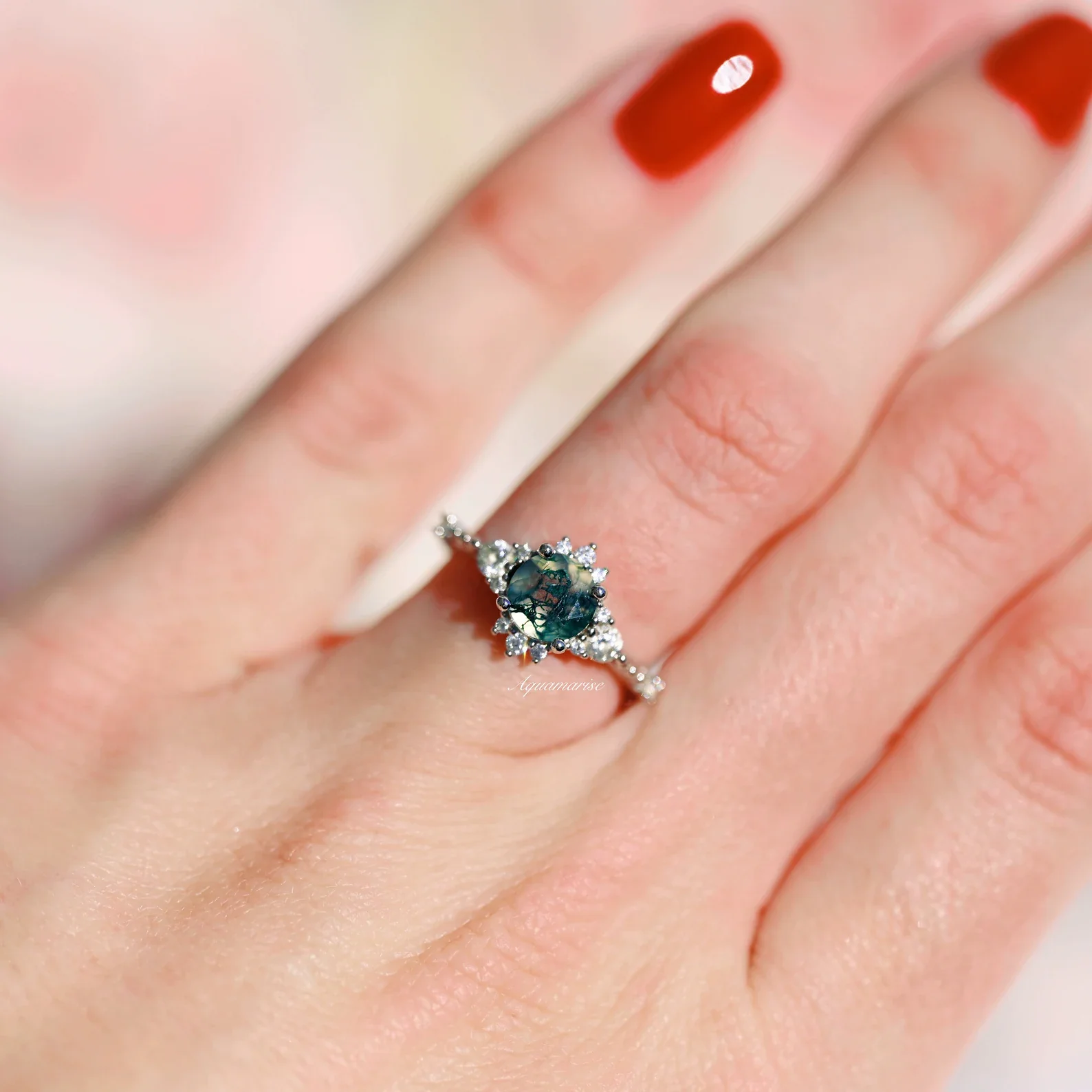Round Green Moss Agate Ring in Sterling Silver - Image 5