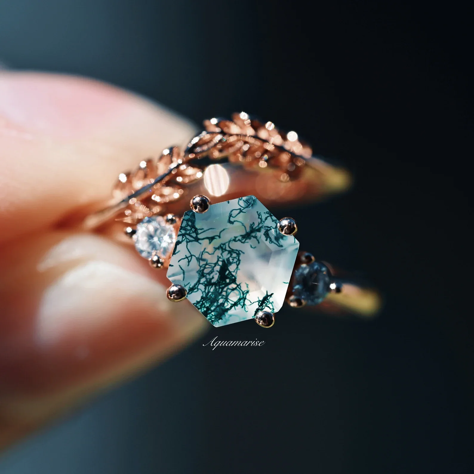 Natural Hexagon Moss Agate Engagement Ring Set- 14K Rose Gold Vermeil - Image 4