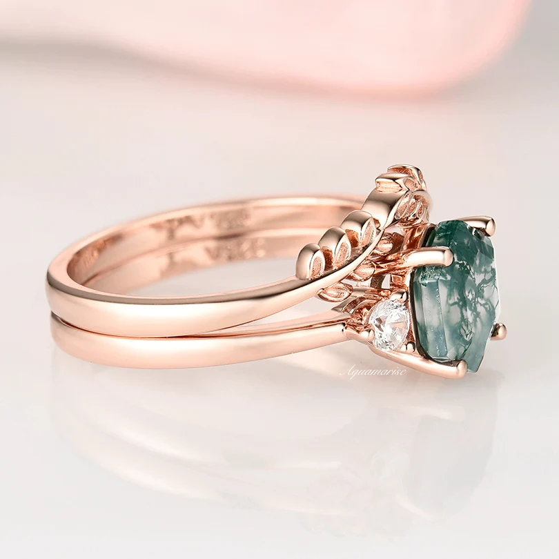 Natural Hexagon Moss Agate Engagement Ring Set- 14K Rose Gold Vermeil - Image 6