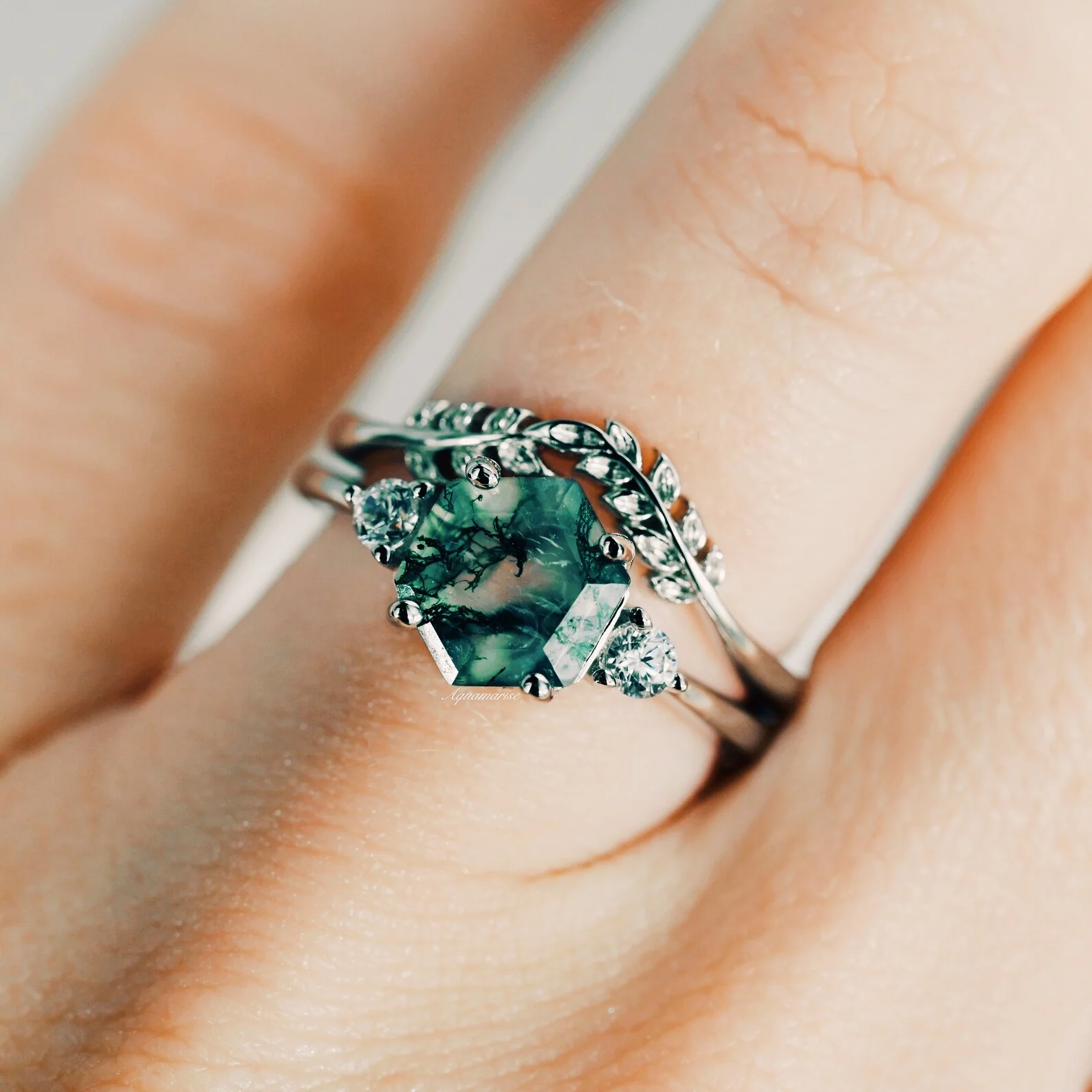 Hexagon Moss Agate Fairy Ring Set in Sterling Silver - Image 3