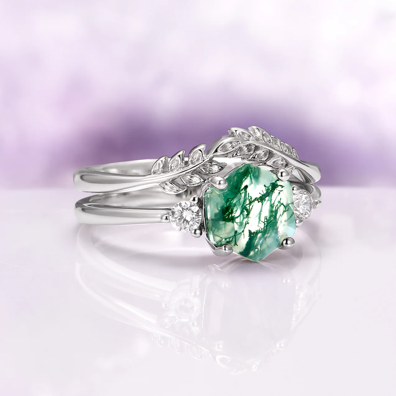 Hexagon Moss Agate Fairy Ring Set in Sterling Silver - Image 5