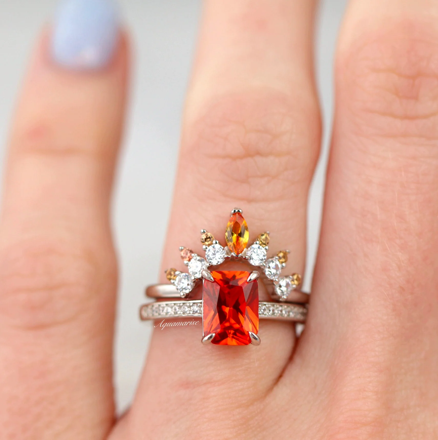 Ava Emerald Cut Padparadscha Sapphire Engagement Ring in Sterling Silver - Image 2