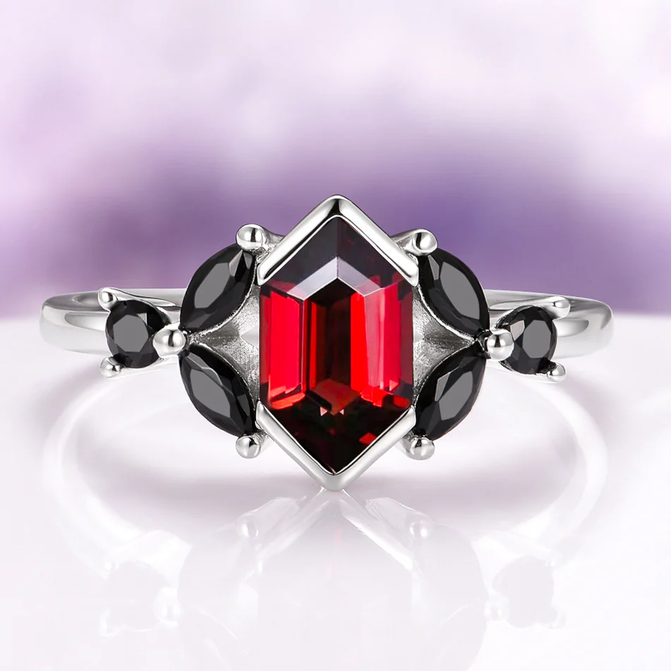 Hexagon Natural Red Garnet & Black Onyx Engagement Ring in 14K White Gold