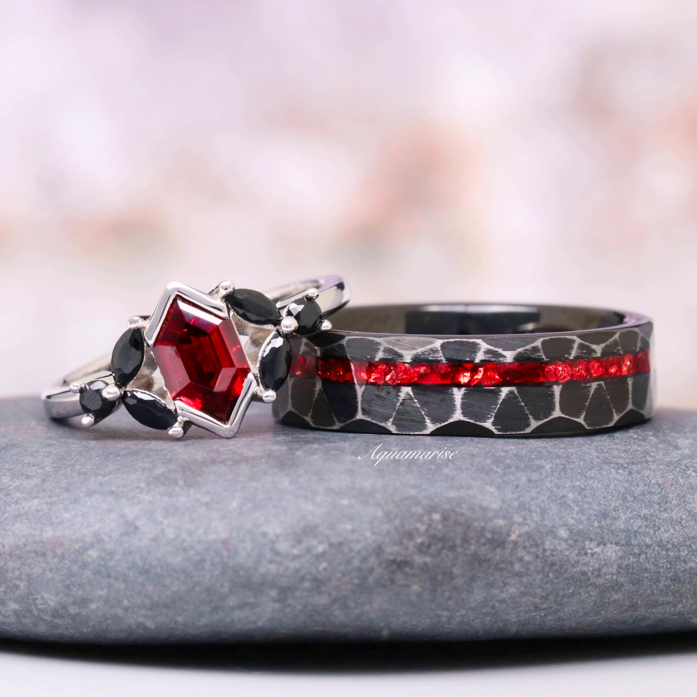 Hexagon Natural Red Garnet & Black Onyx Engagement Ring in 14K White Gold - Image 2