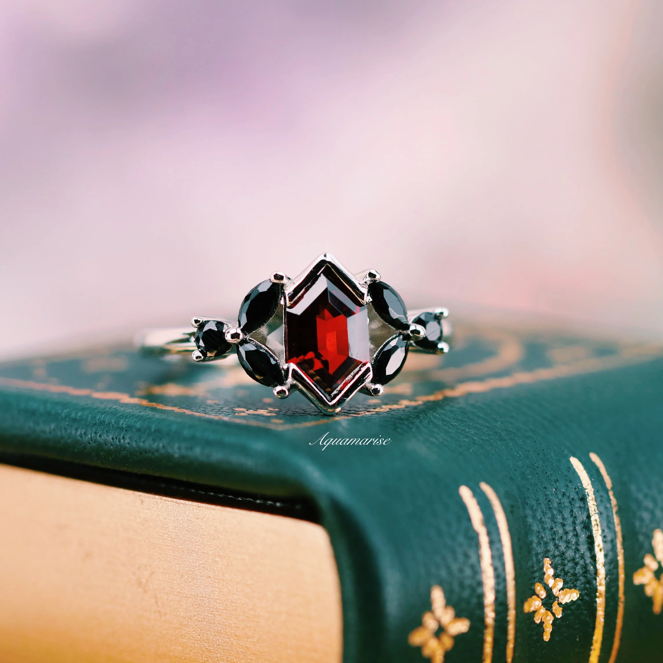 Hexagon Natural Red Garnet & Black Onyx Engagement Ring in 14K White Gold - Image 3