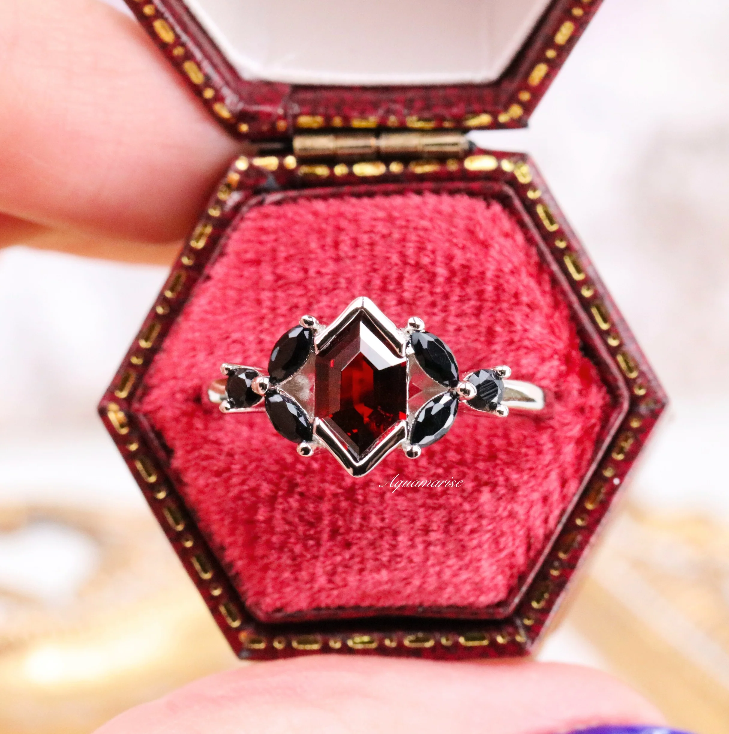 Hexagon Natural Red Garnet & Black Onyx Engagement Ring in 14K White Gold - Image 4