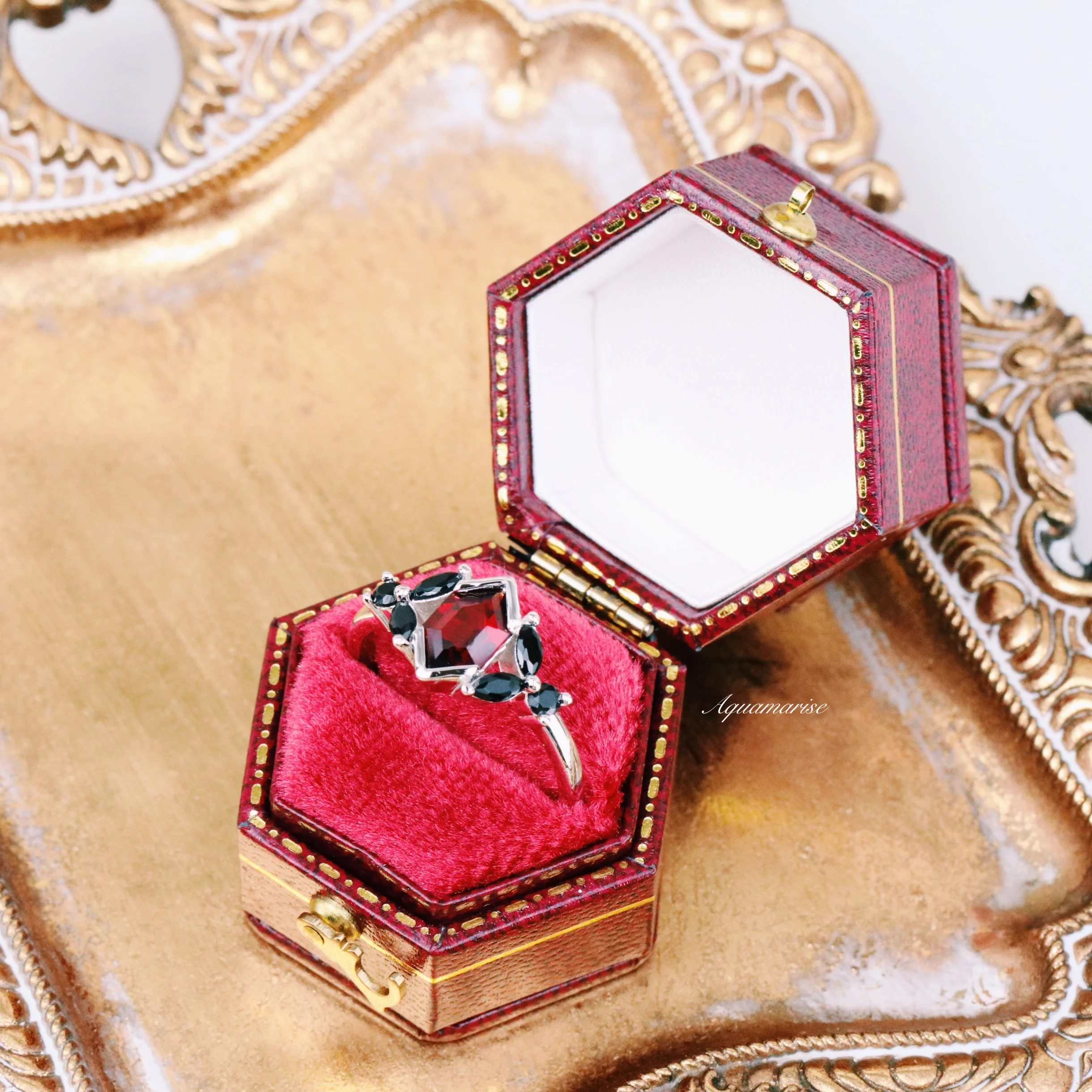 Hexagon Natural Red Garnet & Black Onyx Engagement Ring in 14K White Gold - Image 5