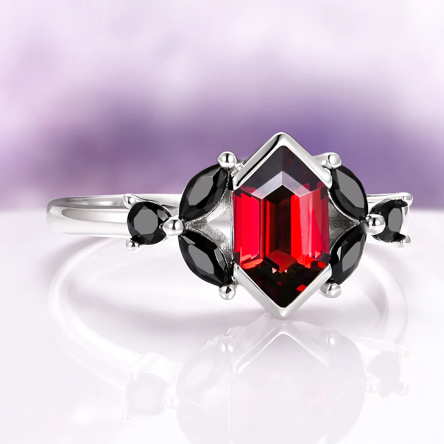 Hexagon Natural Red Garnet & Black Onyx Engagement Ring in 14K White Gold - Image 6