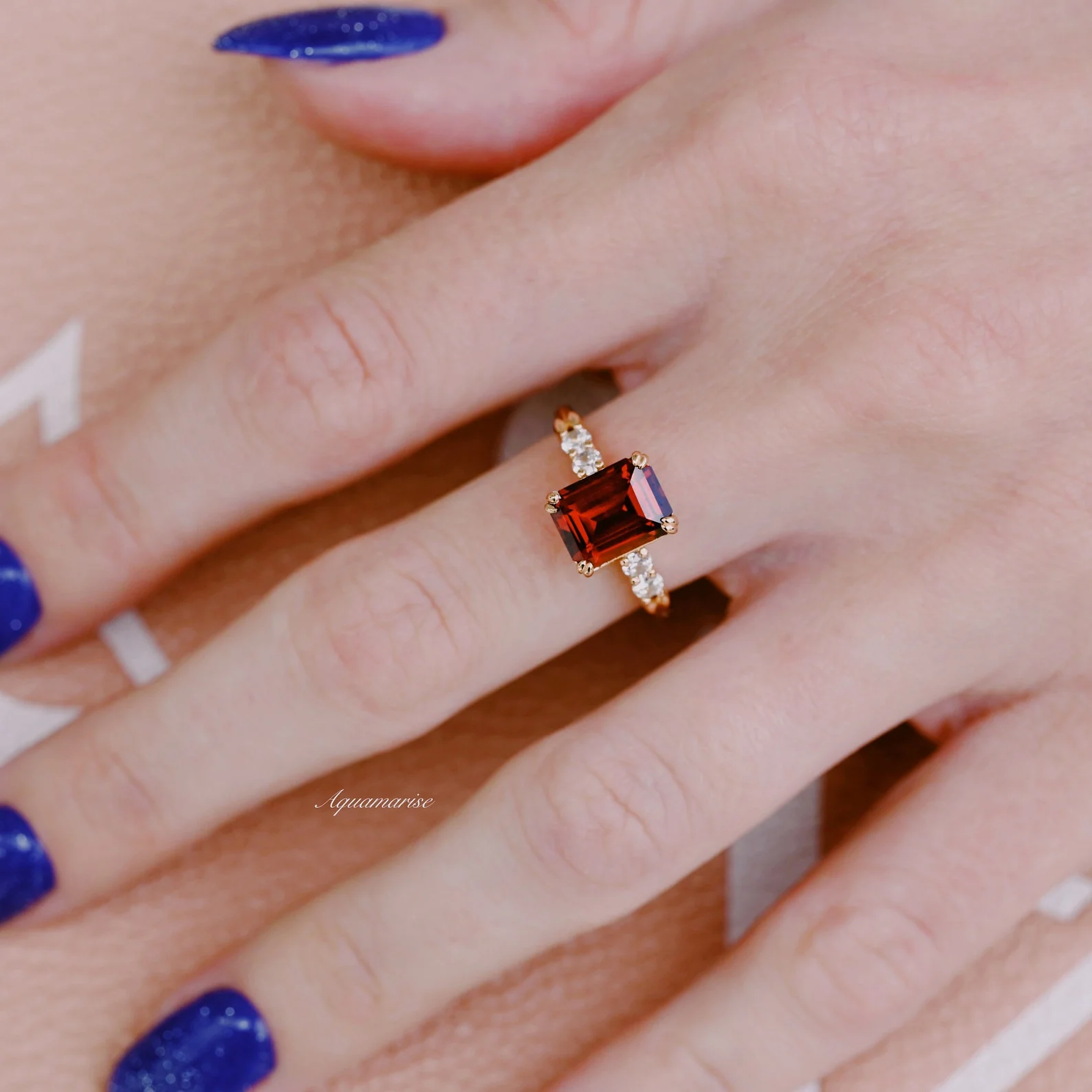Emerald Cut Red Garnet Engagement Ring in 14K Solid Rose Gold (Hidden Halo) - Image 2