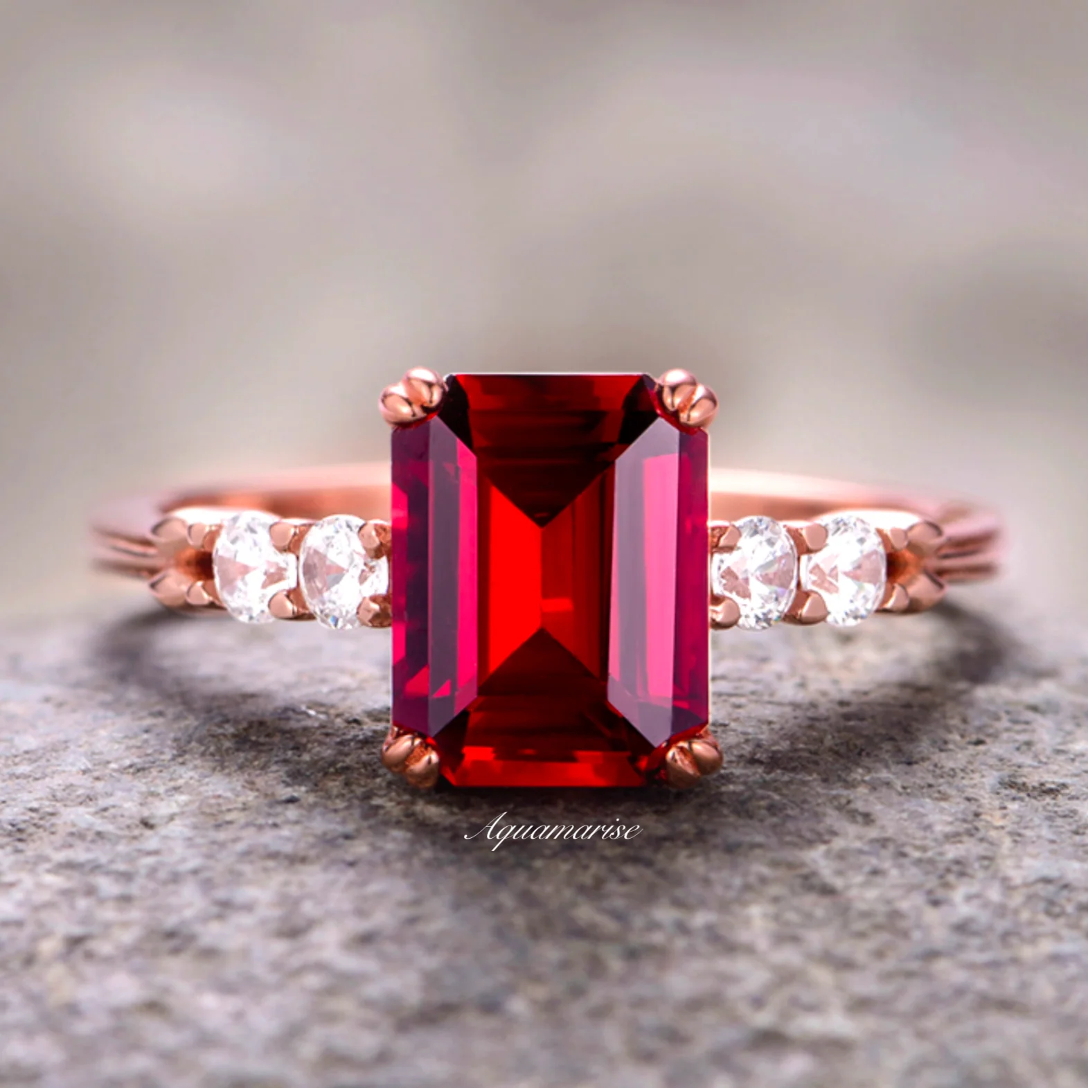 Emerald Cut Red Garnet Engagement Ring in 14K Solid Rose Gold (Hidden Halo) - Image 5