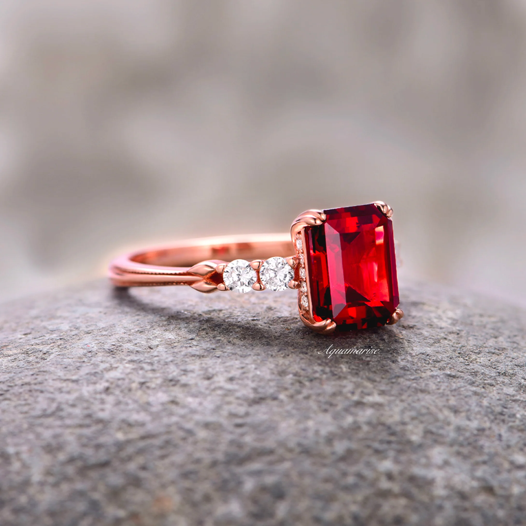 Emerald Cut Red Garnet Engagement Ring in 14K Solid Rose Gold (Hidden Halo) - Image 6