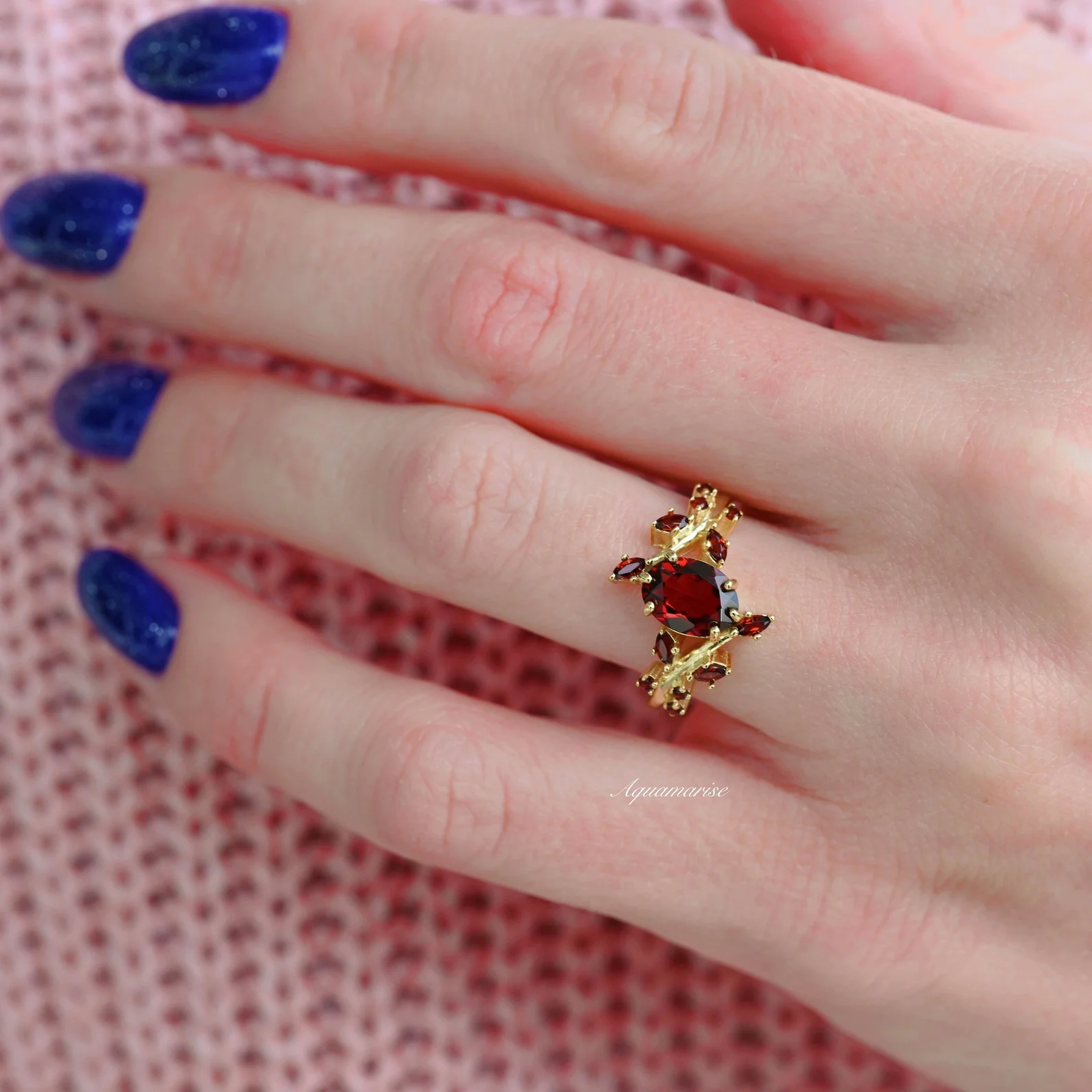 Natural Red Garnet Leaf Engagement Ring in 14K Solid Yellow Gold - Image 5
