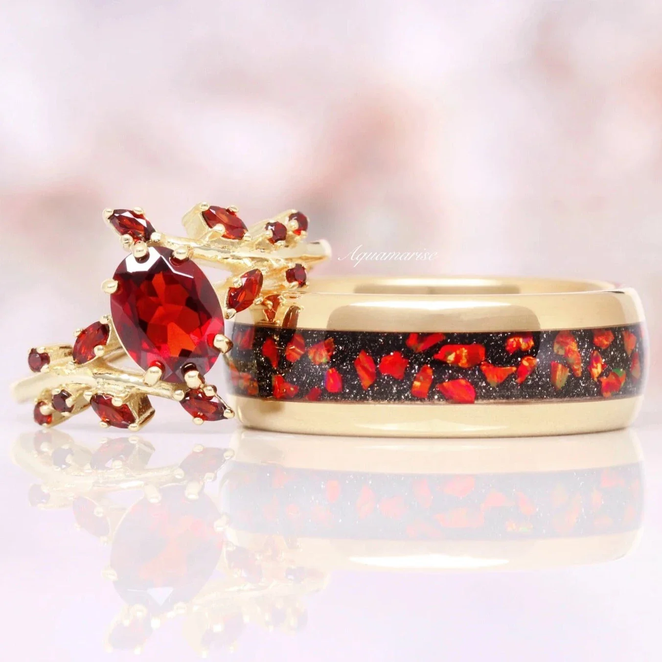 Natural Red Garnet Leaf Engagement Ring in 14K Solid Yellow Gold - Image 6
