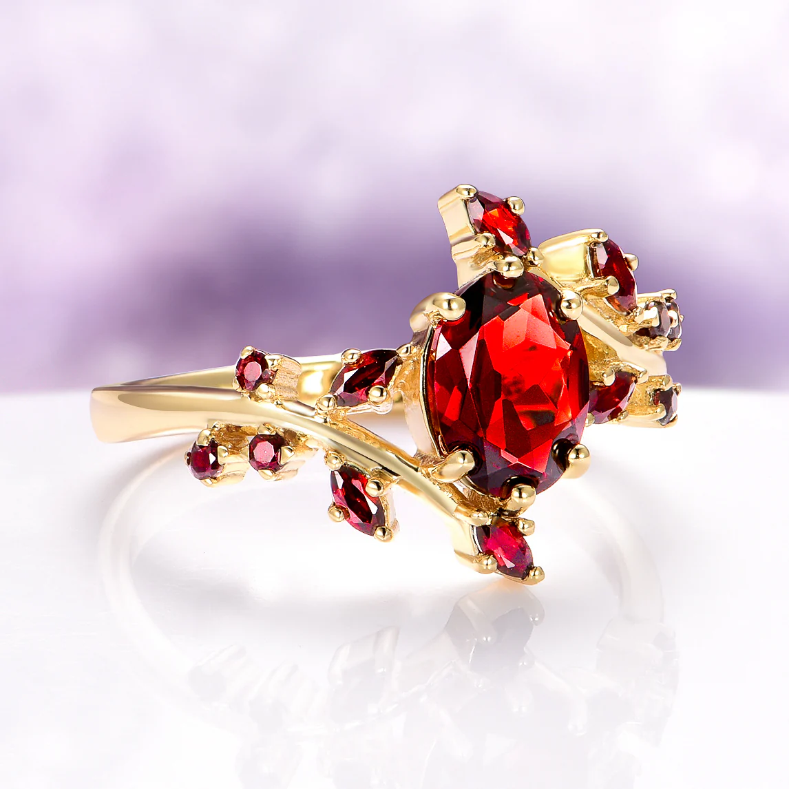 Natural Red Garnet Leaf Engagement Ring in 14K Solid Yellow Gold - Image 7