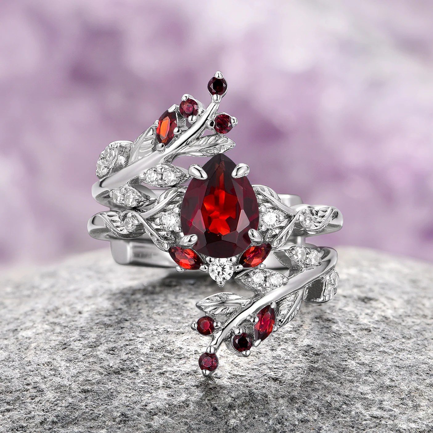 Wisteria Natural Red Garnet Leaf Couples Ring Set - Image 4