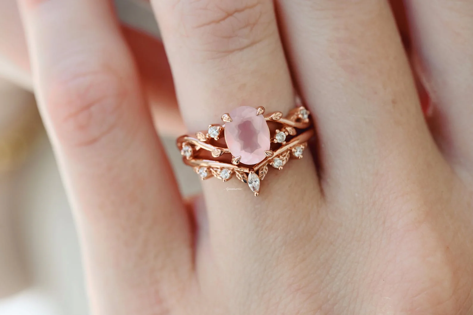 Oval Cut Rose Quartz Leaf Engagement Ring Set in 14K Solid Rose Gold - Image 3