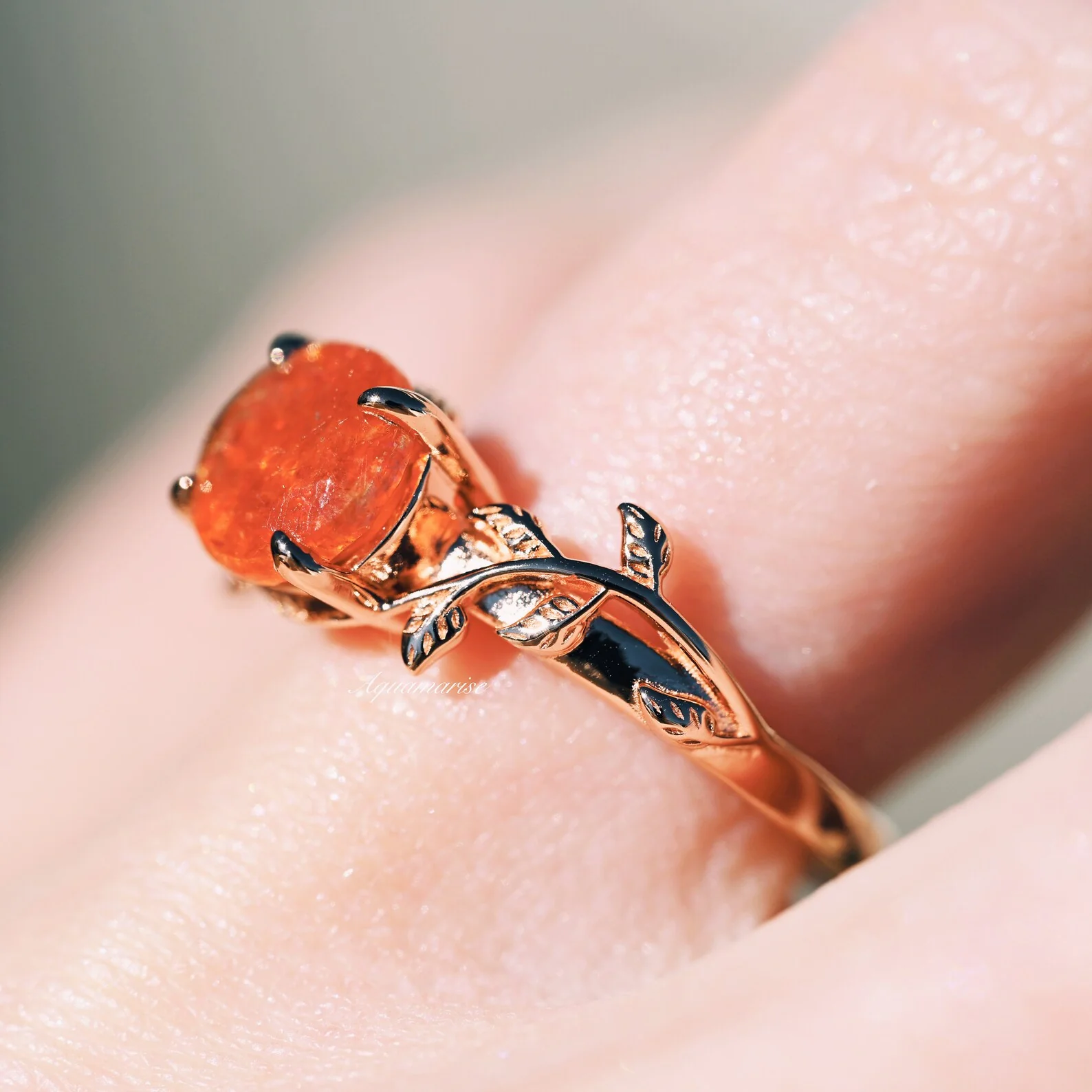 Natural Sunstone Leaf Ring in 14K Rose Gold Vermeil - Image 3