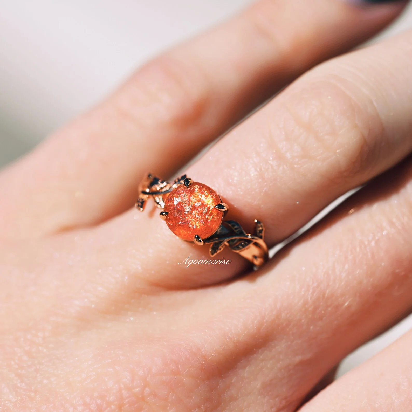 Natural Sunstone Leaf Ring in 14K Rose Gold Vermeil - Image 5