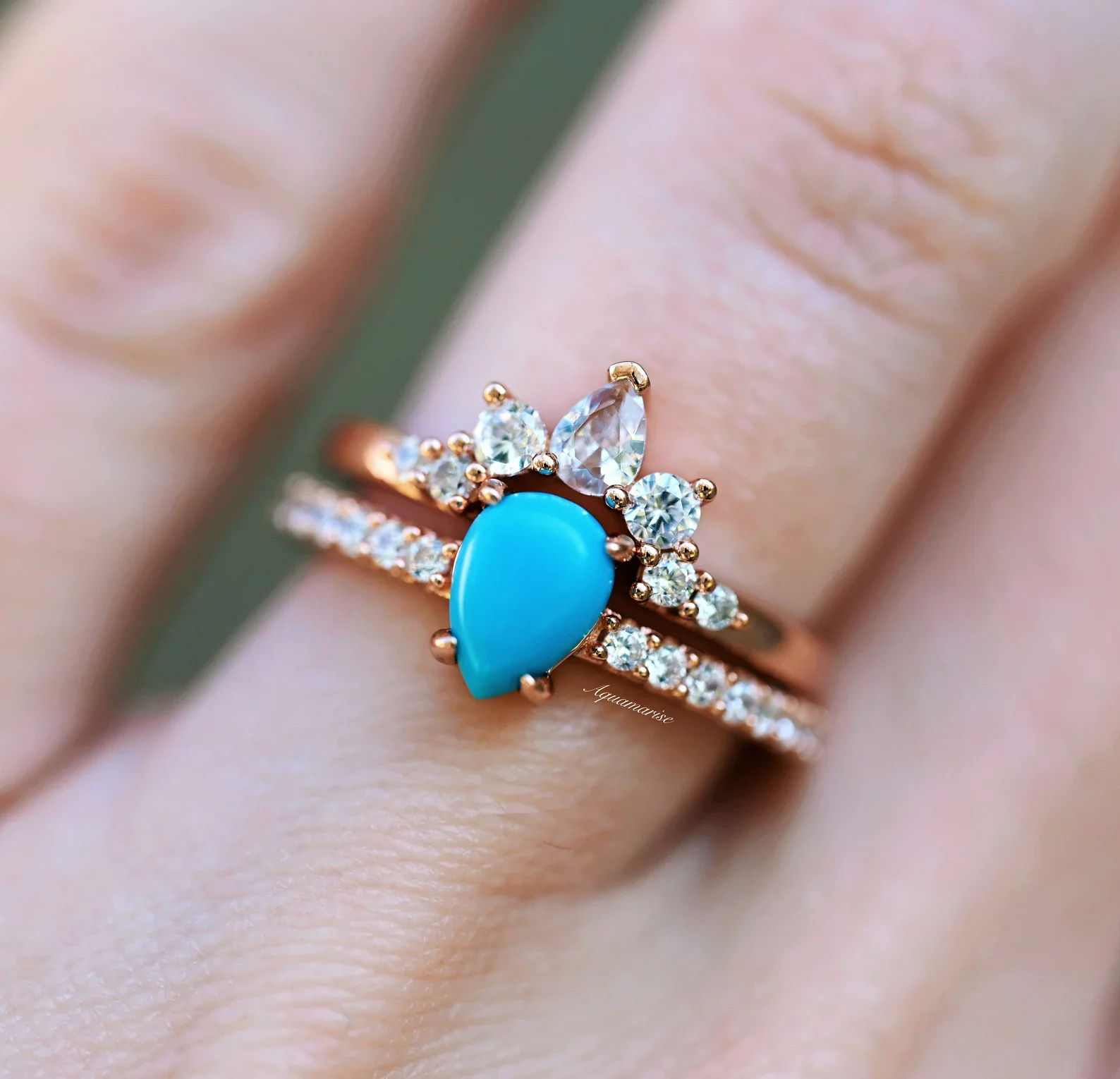 Natural Turquoise Ring Set- 14K Rose Gold Vermeil - Image 3