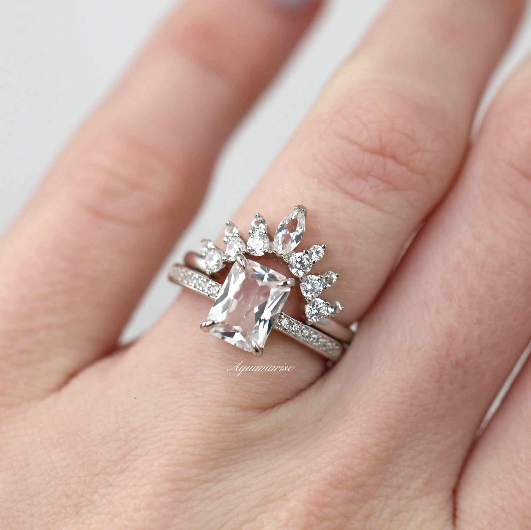 Ava Emerald Cut White Sapphire Engagement Ring in Sterling Silver - Image 2