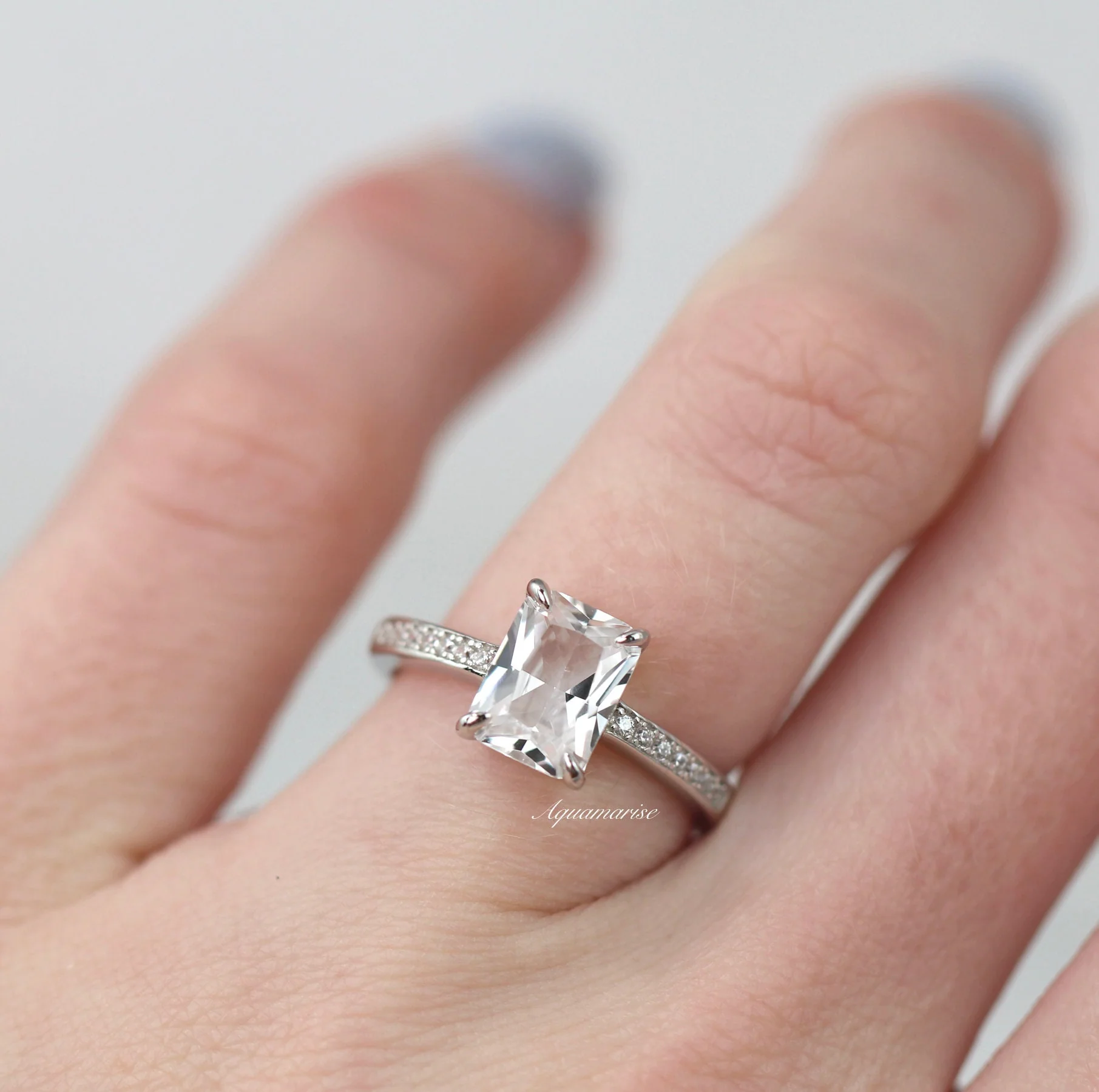 Ava Emerald Cut White Sapphire Engagement Ring in Sterling Silver - Image 4