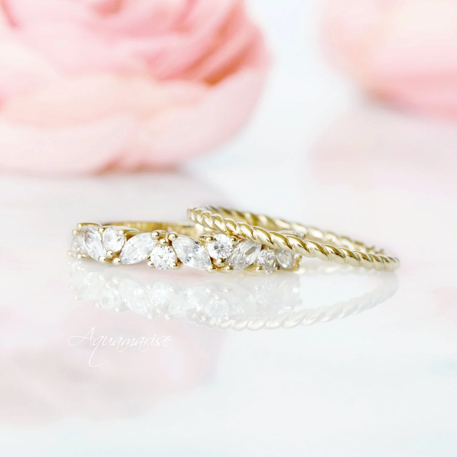 Willow White Sapphire Stacking Ring Set- 14K Yellow Gold Vermeil - Image 4