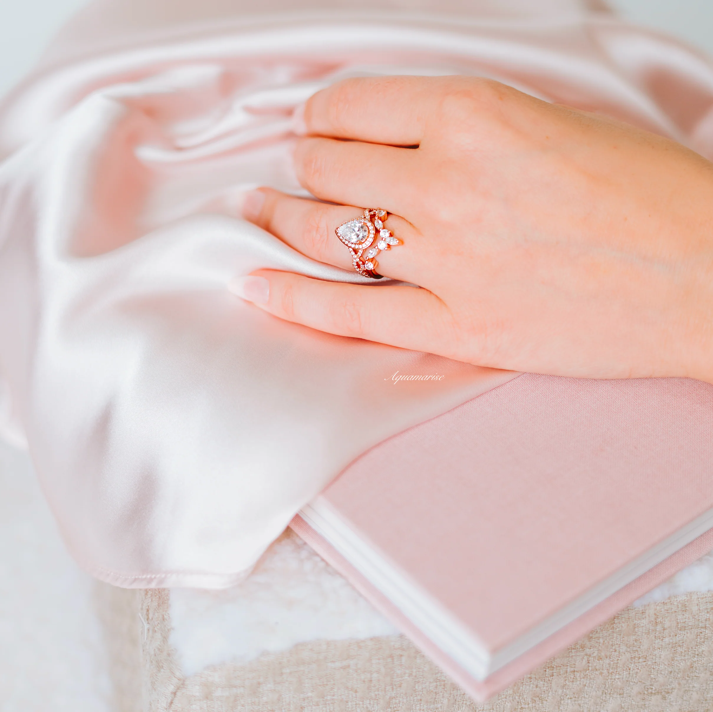 Nouveau Diamond (cz) Engagement Ring Set- 14K Rose Gold Vermeil - Image 7