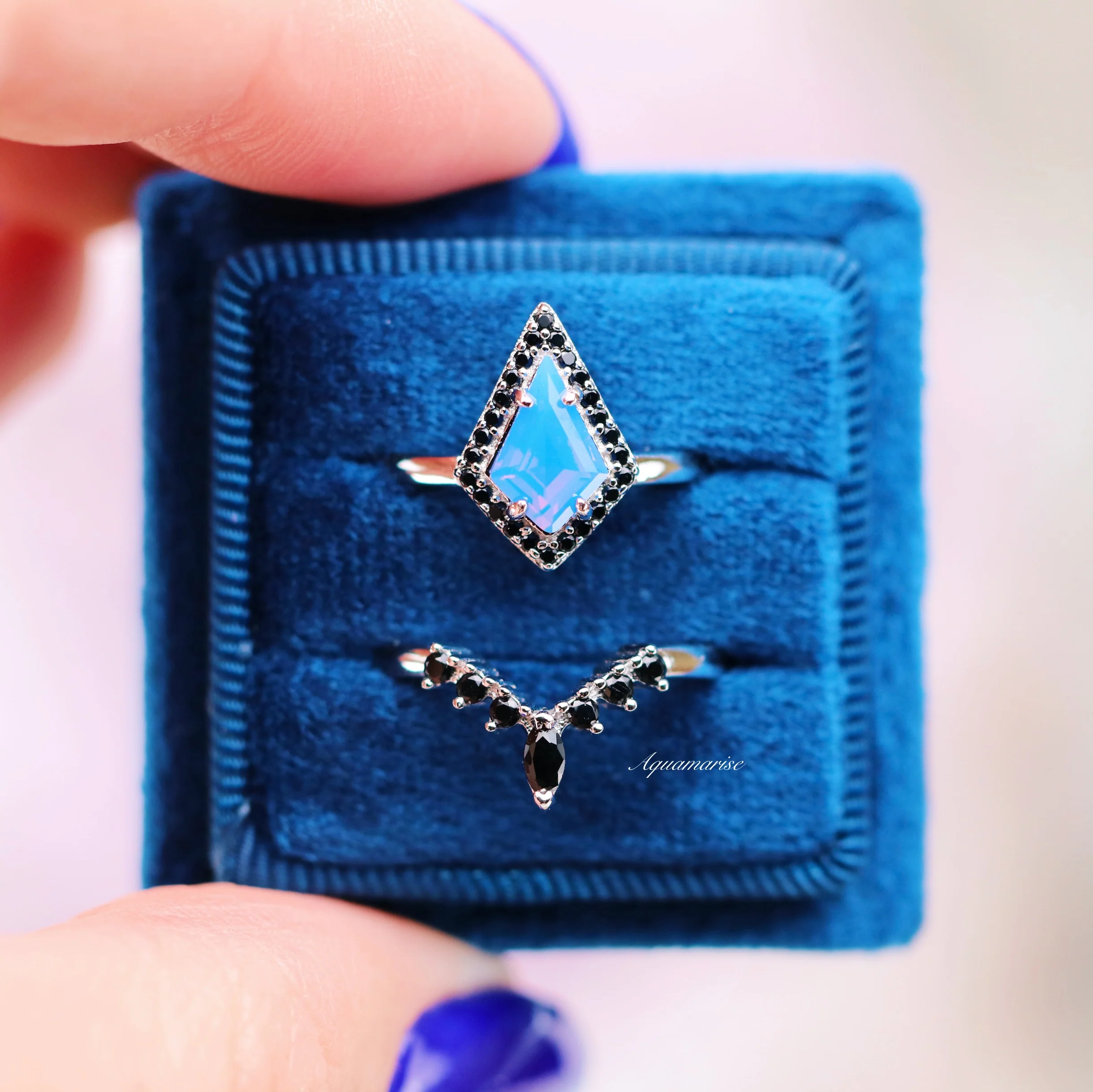 Opalescent Blue Sapphire & Black Onyx Ring Set- Sterling Silver - Image 2