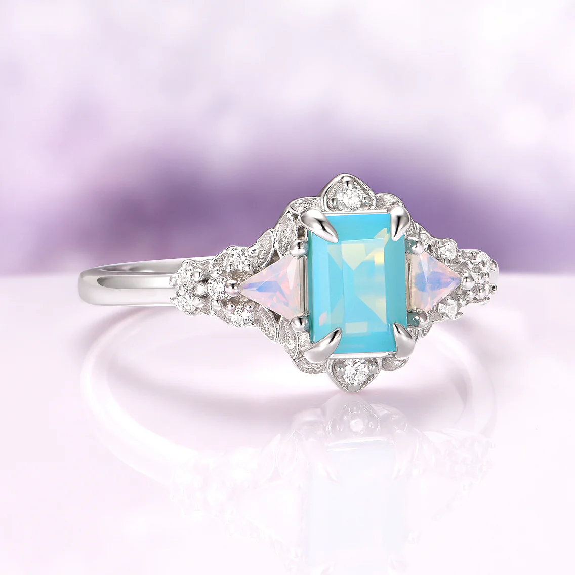 Opalescent Blue Sapphire Mermaid Engagement Ring in Sterling Silver - Image 4