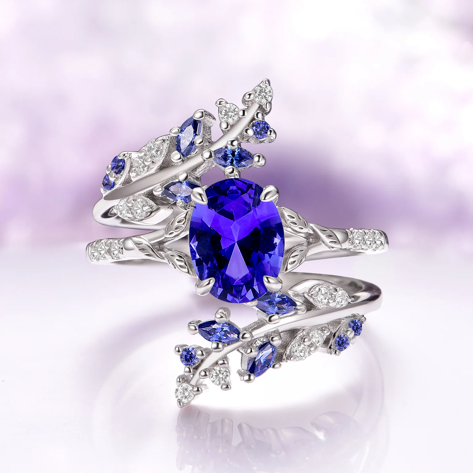 Cornflower Sapphire Fairy Leaf Ring Set- Sterling Silver