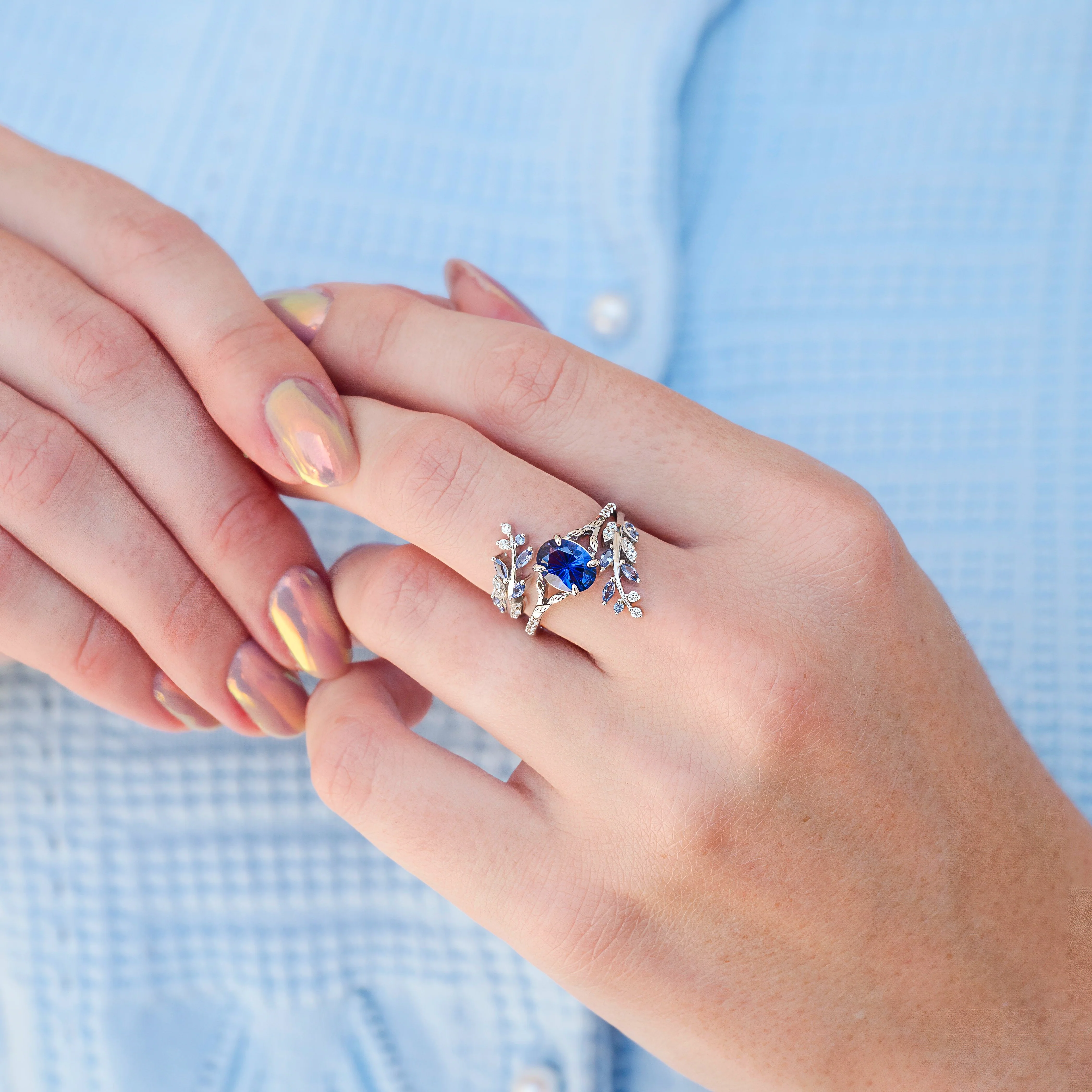 Cornflower Sapphire Fairy Leaf Ring Set- Sterling Silver - Image 4