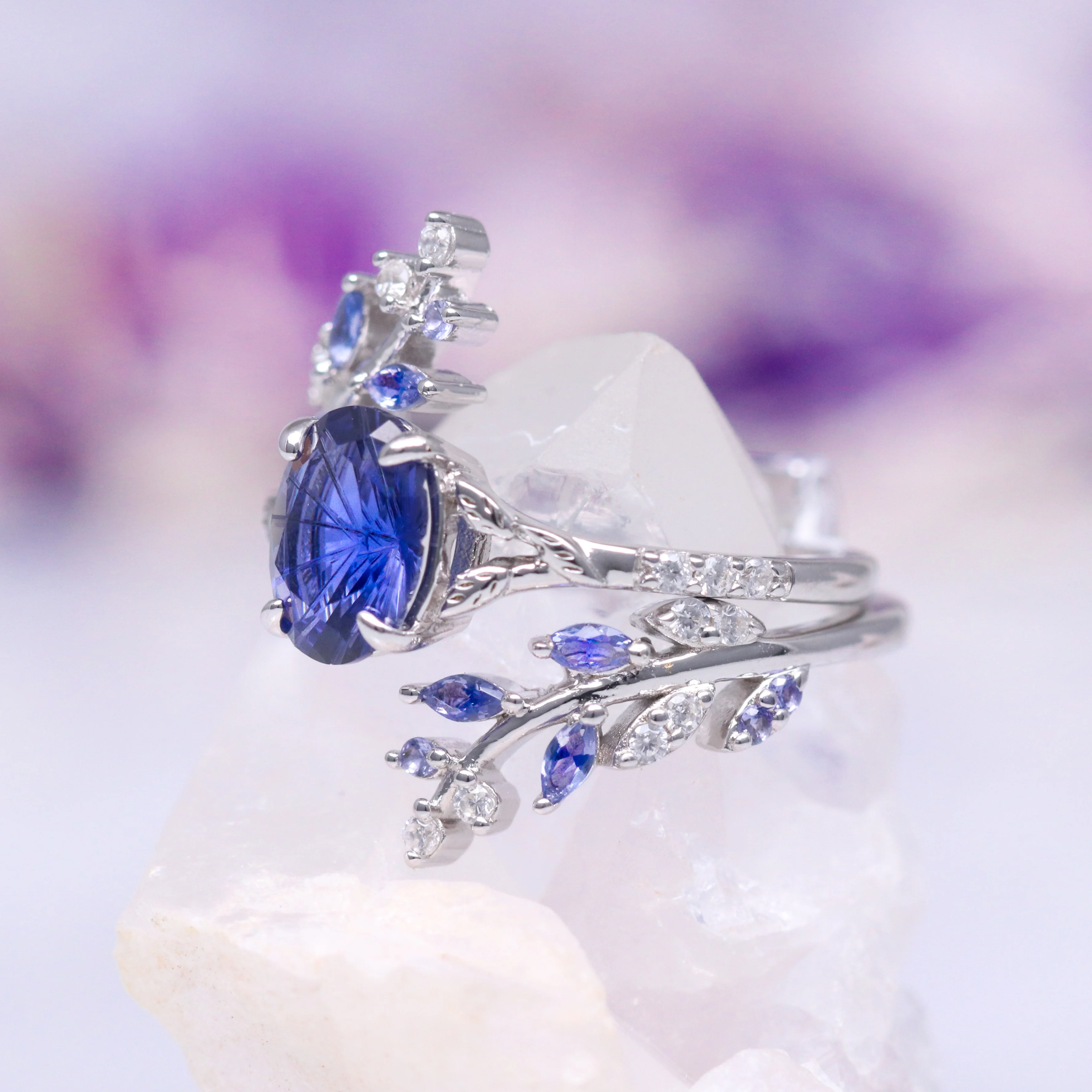 Cornflower Sapphire Fairy Leaf Ring Set- Sterling Silver - Image 5