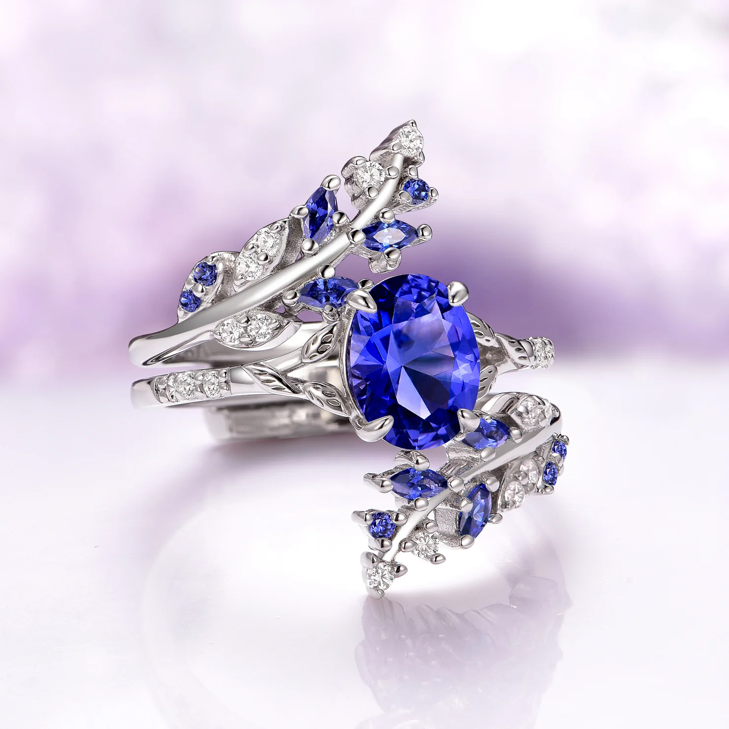 Cornflower Sapphire Fairy Leaf Ring Set- Sterling Silver - Image 6