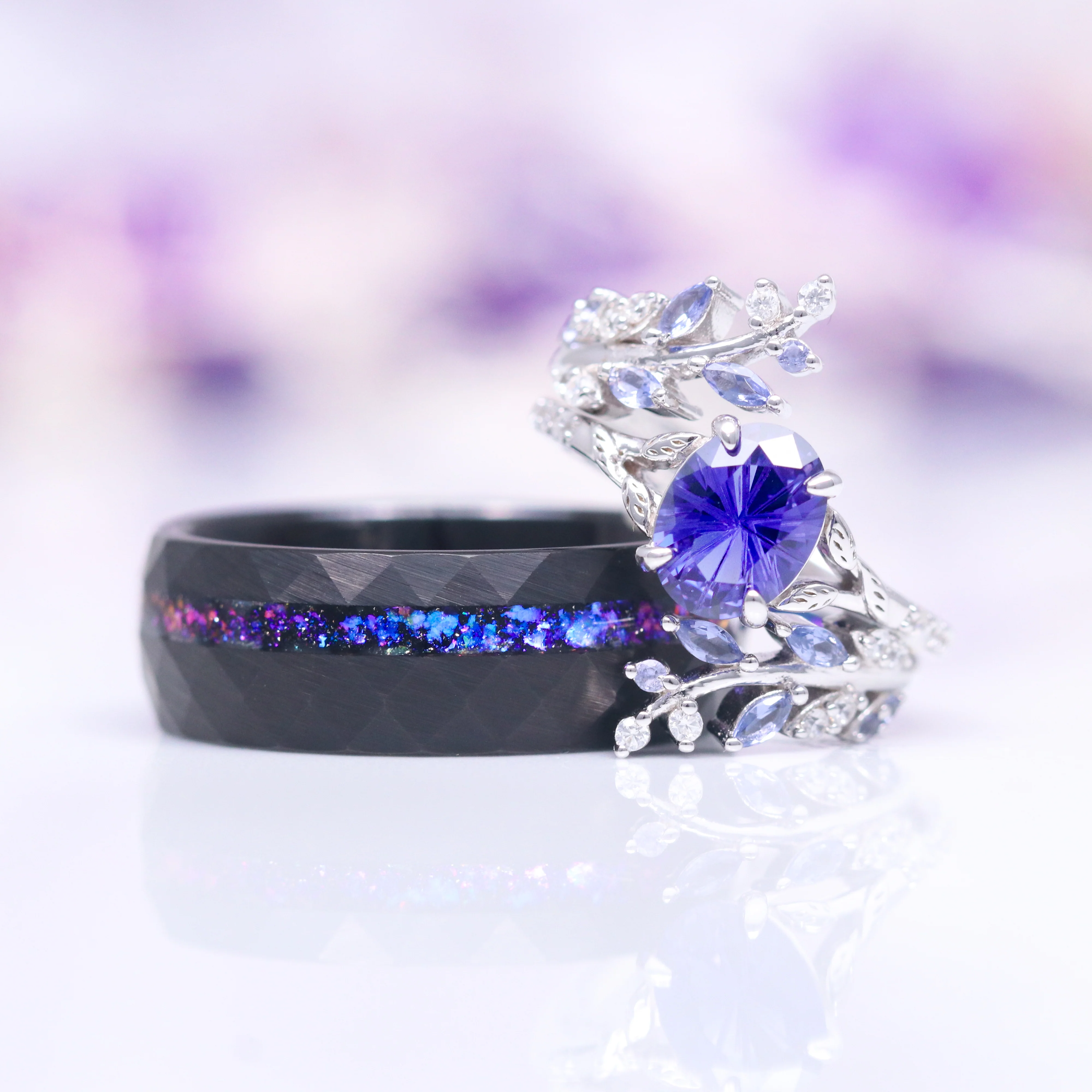 Cornflower Sapphire Fairy Leaf Ring Set- Sterling Silver - Image 3