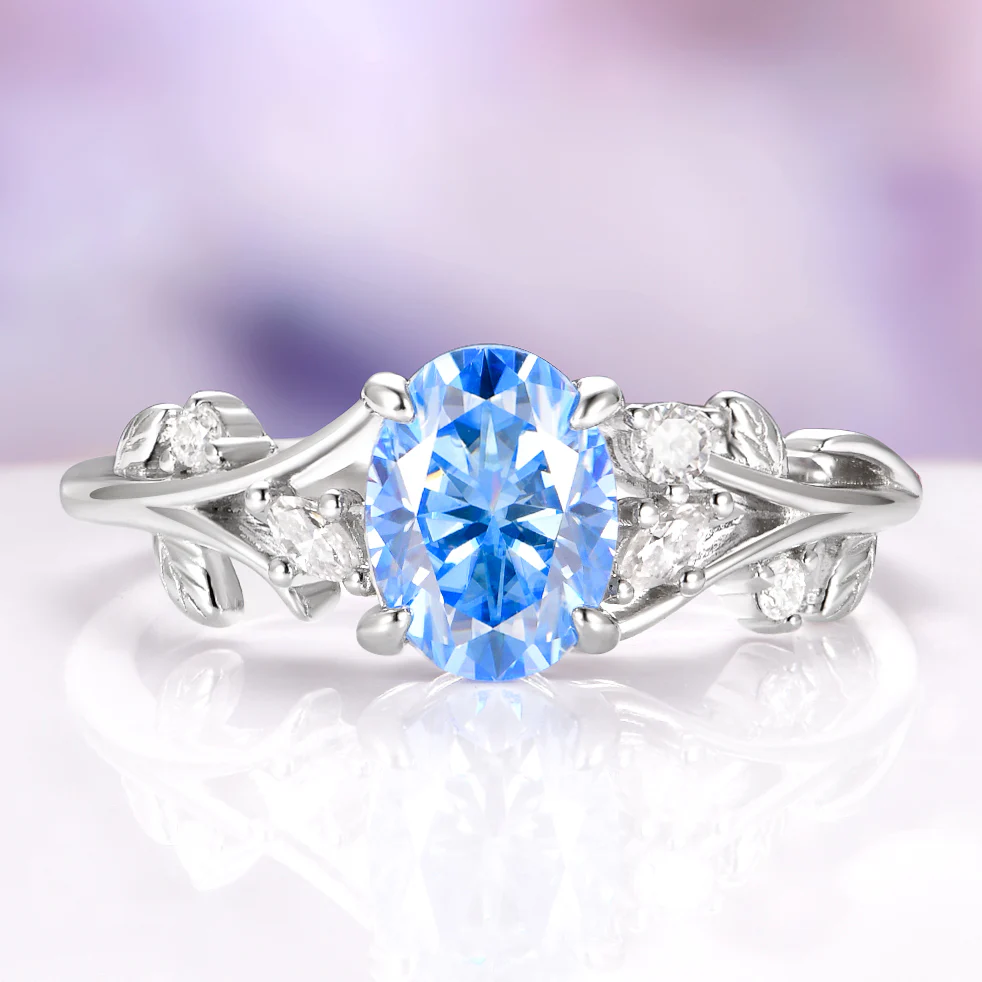 Oval Cut Ice Blue Moissanite Ring in Sterling Silver