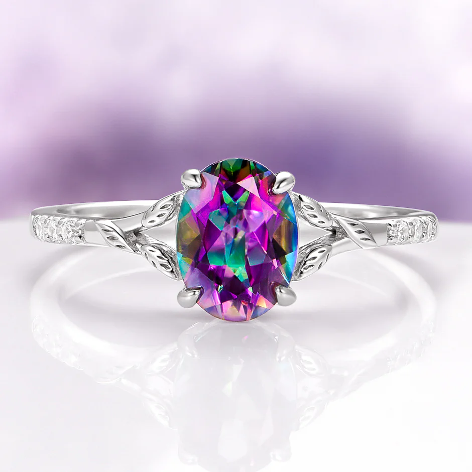 Mystic Topaz & Galaxy Opal Leaf Couples Ring Set - Image 8