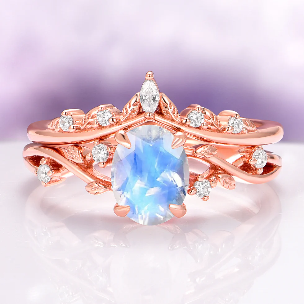 Moonstone Leaf Engagement Ring Set in 14K Solid Rose Gold