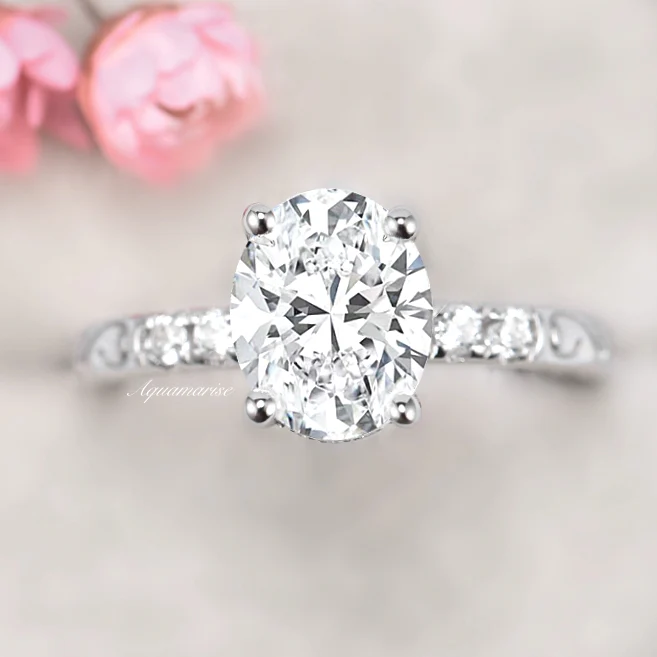 Oval Moissanite Filigree Engagement Ring in 14K White Gold - Image 3