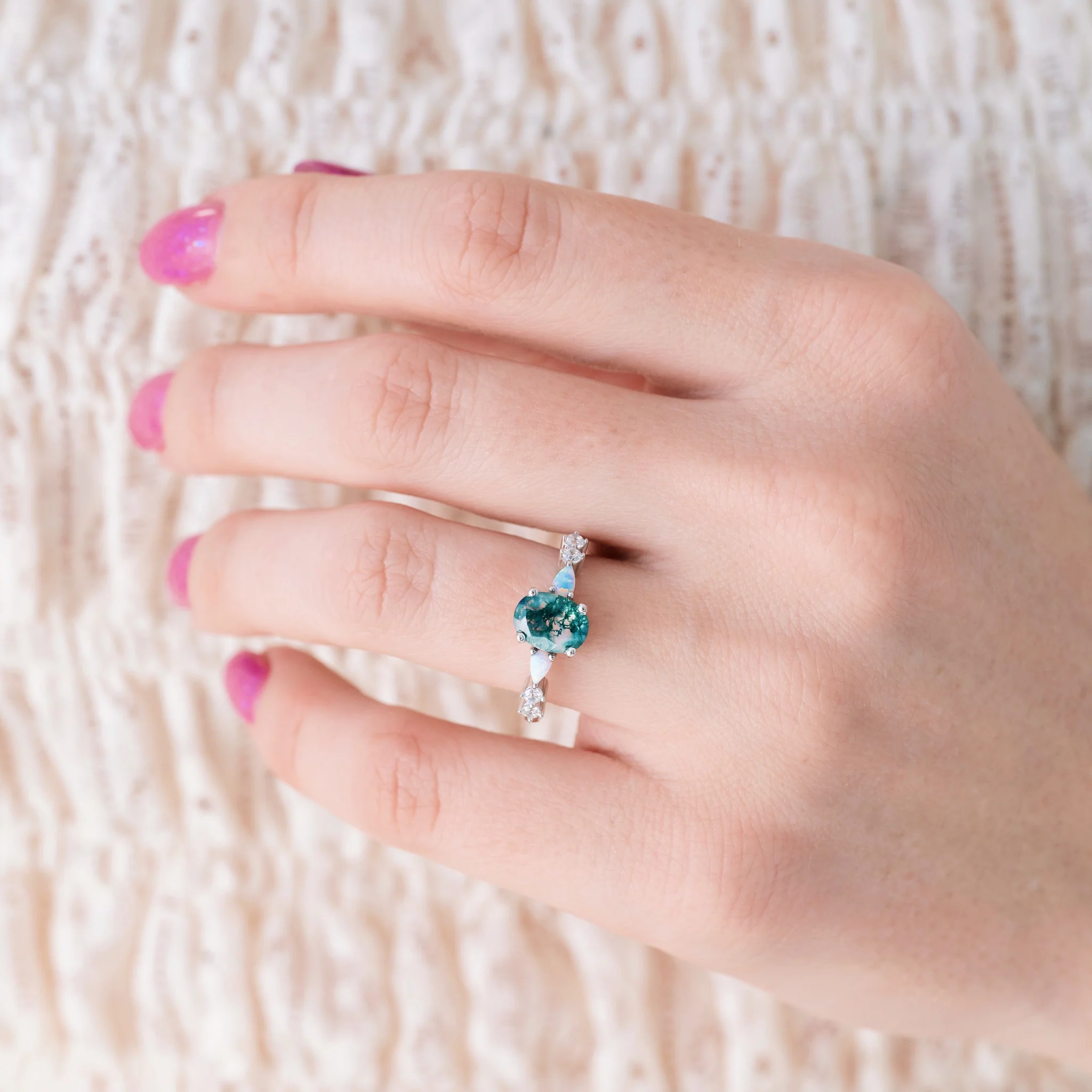 Oval Moss Agate Ring with Opal in Sterling Silver - Image 2