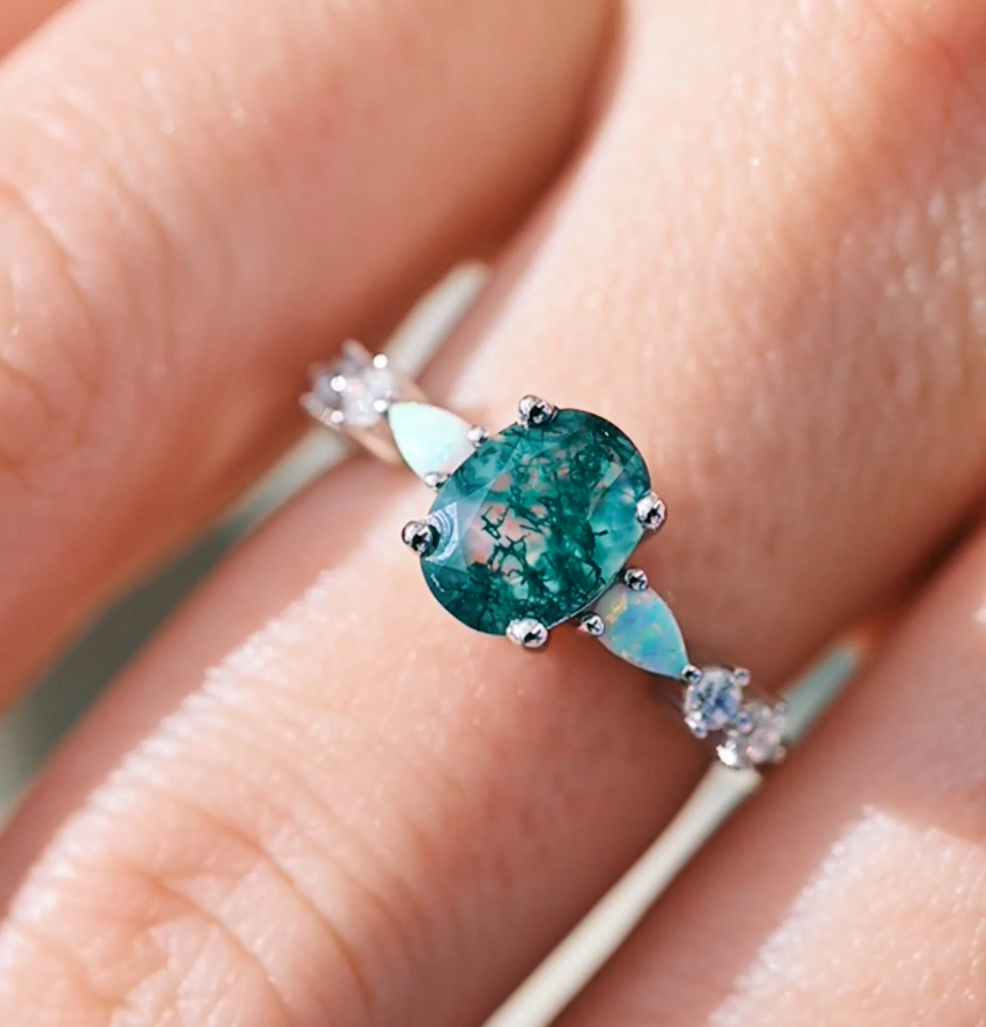 Oval Moss Agate Ring with Opal in Sterling Silver - Image 4
