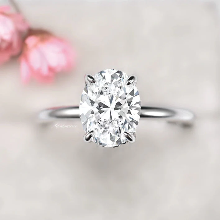 Oval Solitaire Engagement Ring with Hidden Halo in Sterling Silver - Image 4