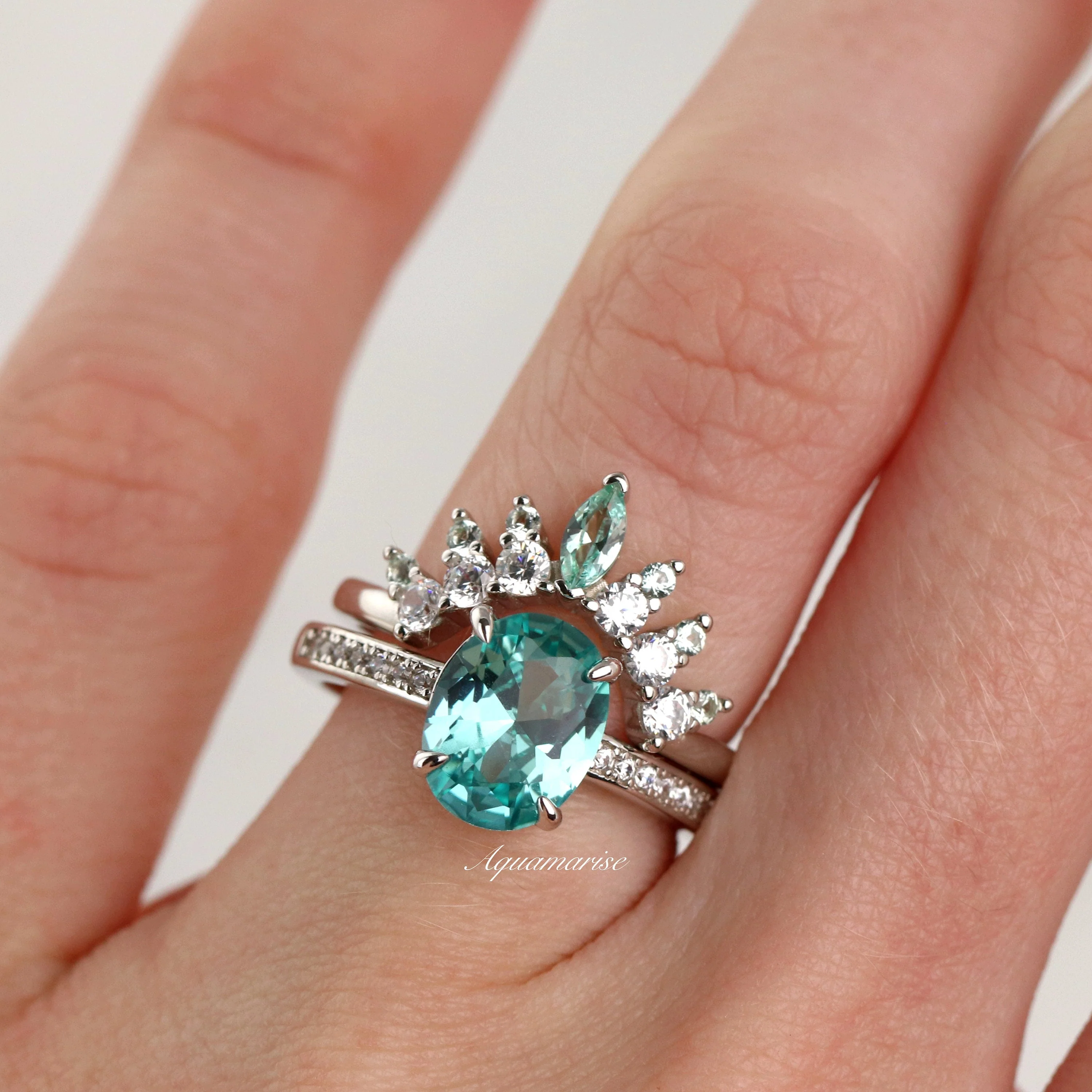 Ava Oval Cut Teal Sapphire Engagement Ring in Sterling Silver - Image 2