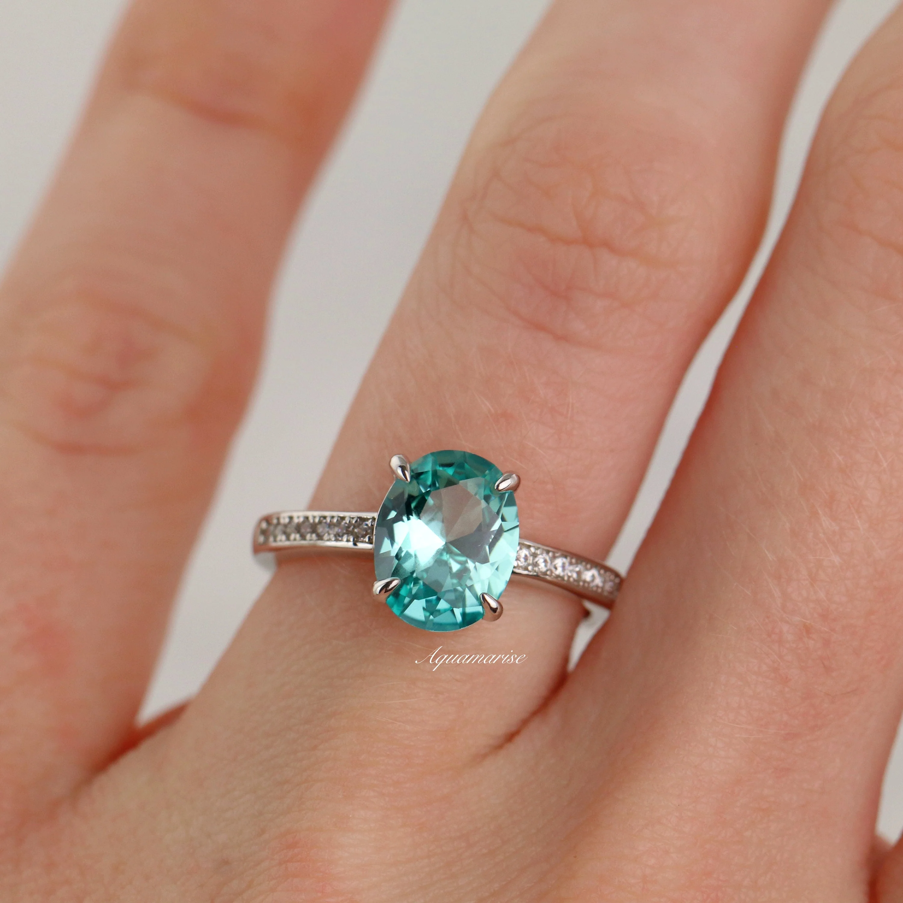 Ava Oval Cut Teal Sapphire Engagement Ring in Sterling Silver - Image 3