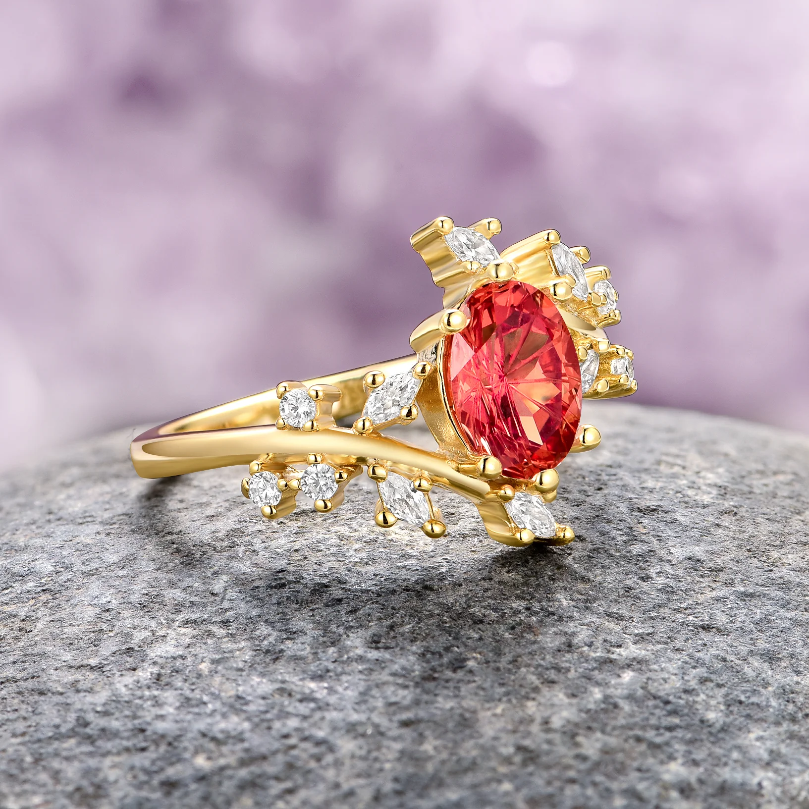 Padparadscha Fantasy Cut Orange Sapphire Leaf Ring- 14K Solid Yellow Gold - Image 3